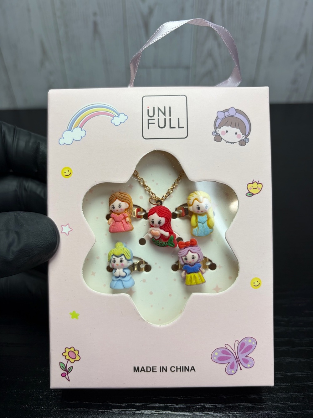 UNIFULL Kids Princess Charm Necklace And Ring Set in Pastel Colors Gold Tone